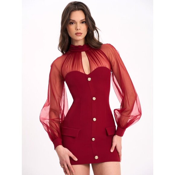Tabi Red Mesh Sleeve Mini Dress - Picture 4 of 16